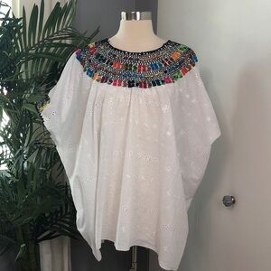 Handcrafted Huipil Blouse in White Cotton Eyelet with colorful embroidery